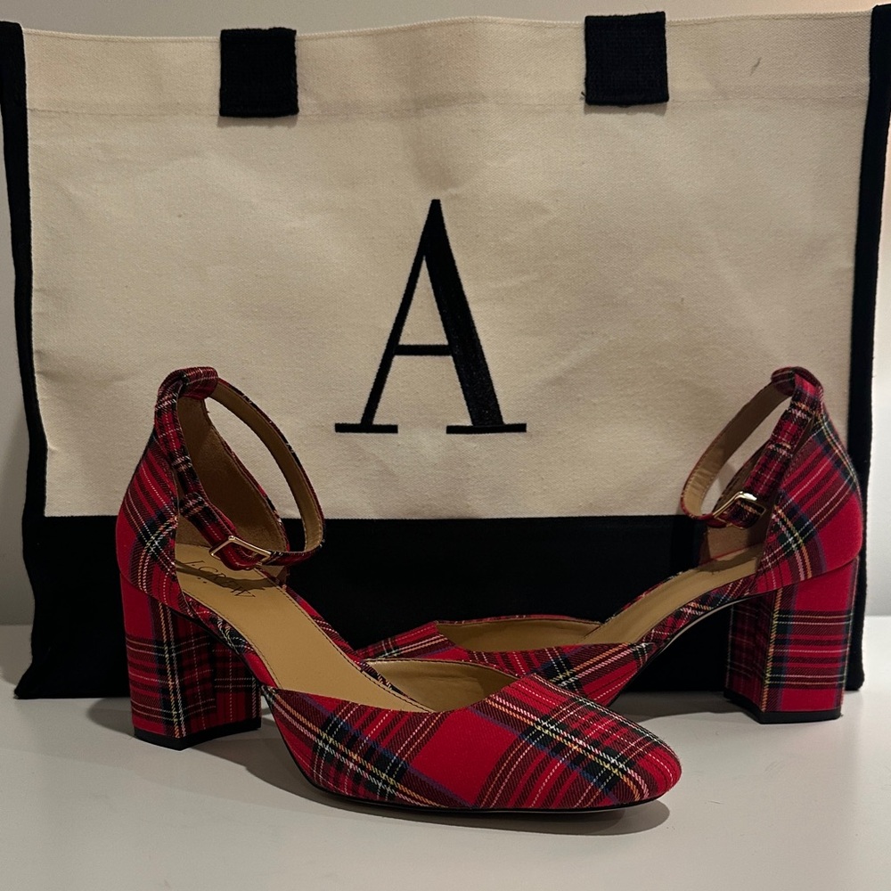 J. Crew Red Tartan Block Heel Shoes Size 9
